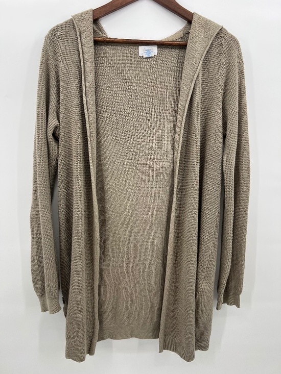 Sigrid Olsen Sweaters - Sigrid Olsen Hooded Cardigan Open Front Button Accent Linen Blend Neutral Lagen